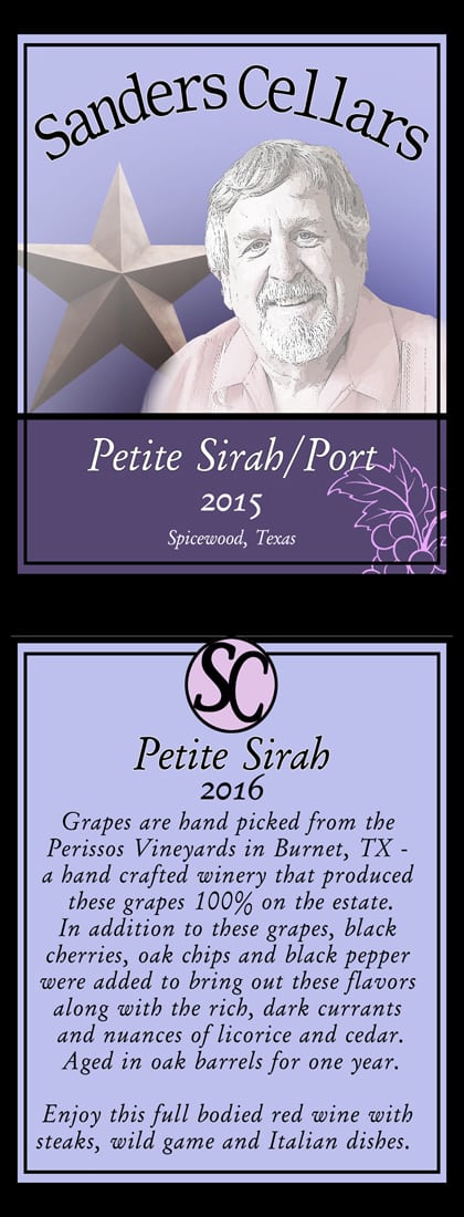 Front and back Wine bottle labels designed featuring photo of owner and Texas star Product Photography