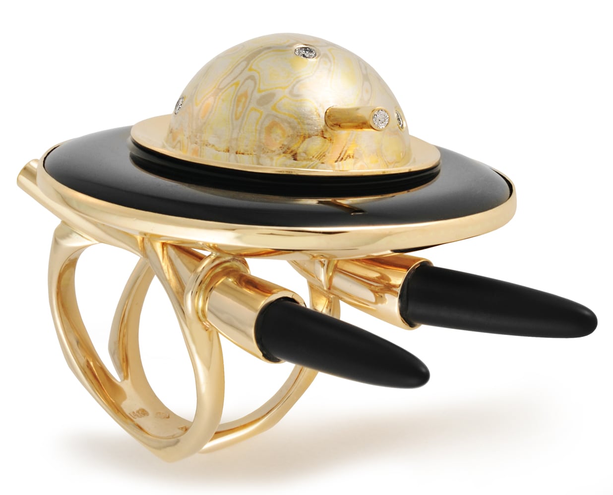yellow gold ring with Starship Enterprise design with onyx disk and gold dome on top with small diamonds embedded