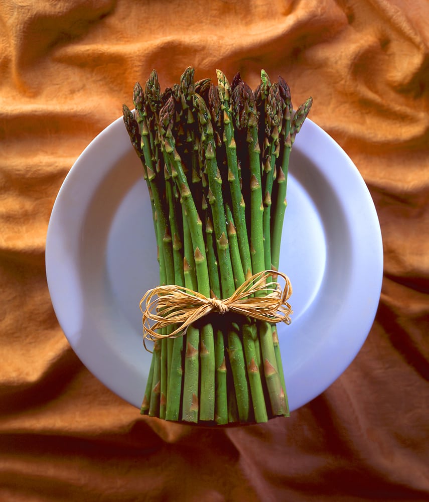 stack of green asparagus tied together with twine bow sitting on white plate all on brown fabric backdrop Product Photography