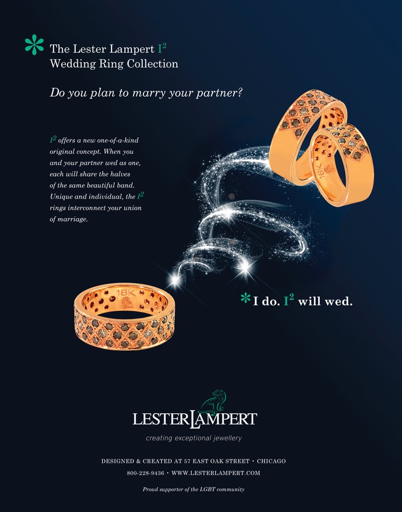 Ad Page for Lester Lampert jewelry featuring a service to split a men's gold diamond band into two rings Jewelry Photography