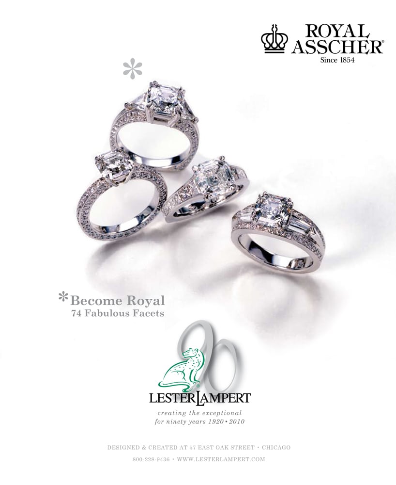 Ad page with 4 diamond ring arrangement on white background for Royal Asscher and Lester Lampert Jewelry Photography