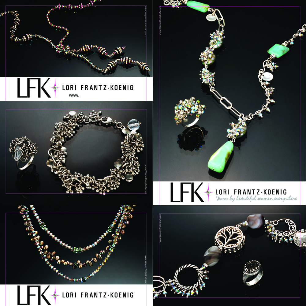 Catalog ad page for LFK, Lori Frantz-Koenig jewelry with five photos on black shiny plexiglass of silver jewelry Jewelry Photography