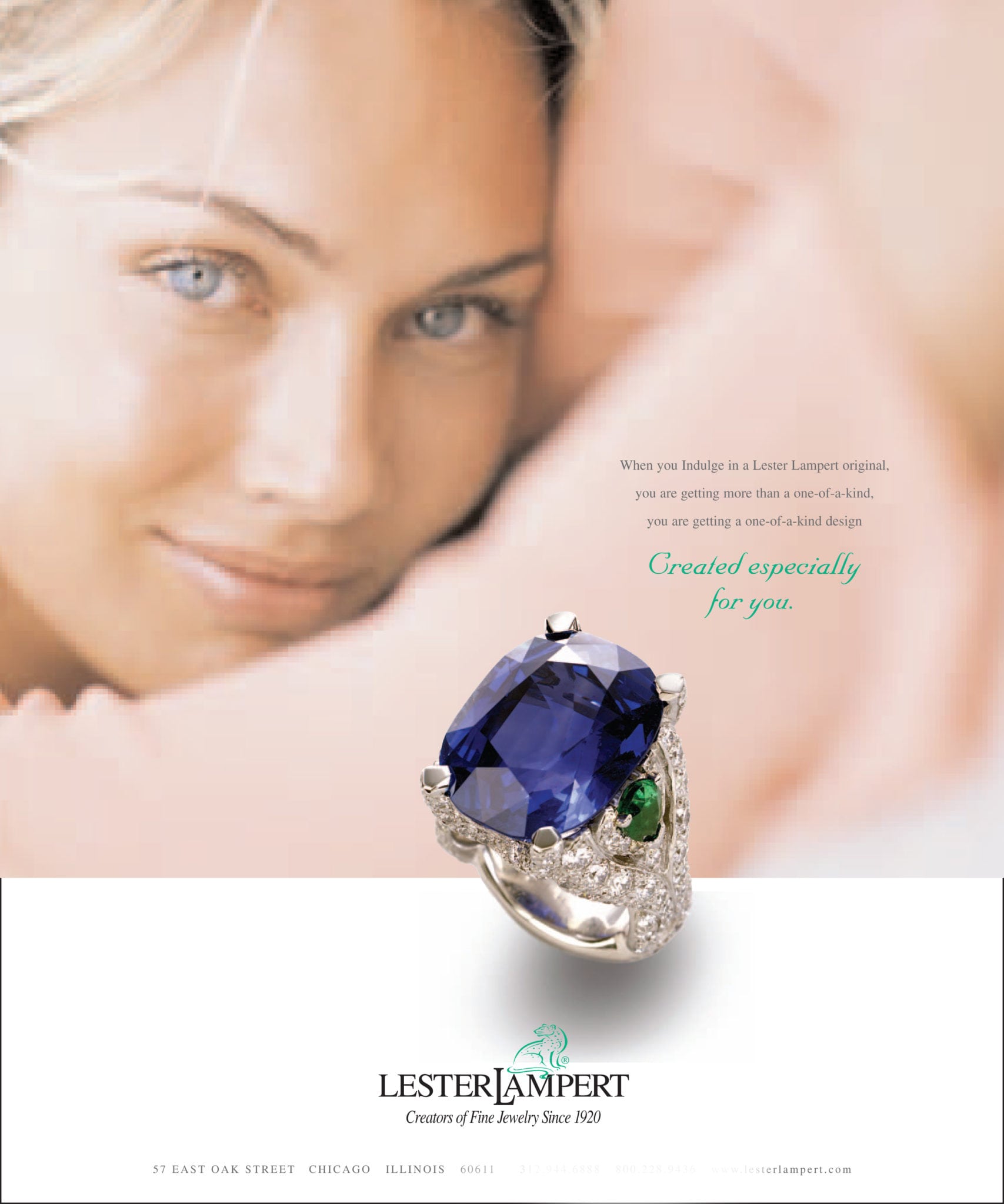 Ad Page for Lester Lampert Jewelers featuring a large Sapphire Ring with diamonds and emeralds sitting on a female model shot Product Photography