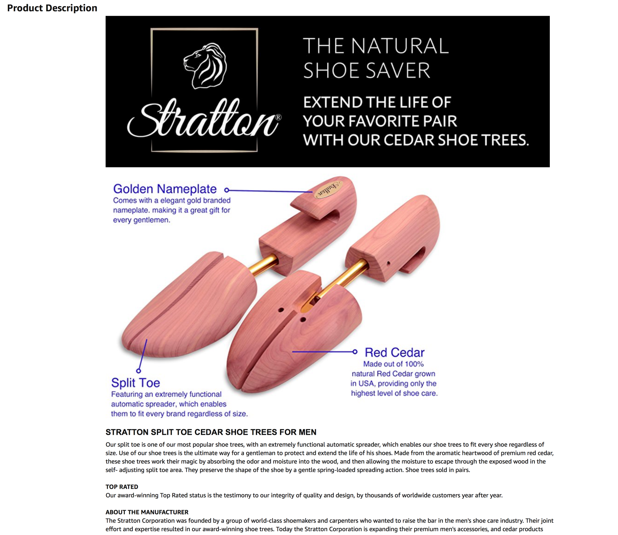 Cedar shoe inserts photographed on white with information markers and headline with Stratton logo